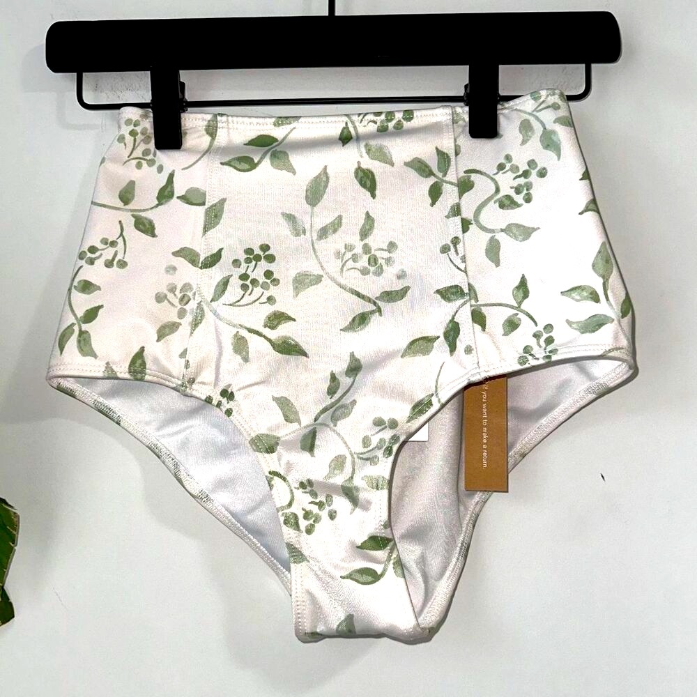 Reformation White High-Waist Bikini Bottom with Green Leaf Print